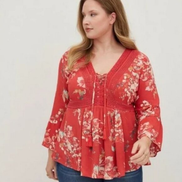 torrid Tops - Torrid Babydoll‎ Gauze Crochet Trim Lace-Up Top size 2 (2x) 18-20